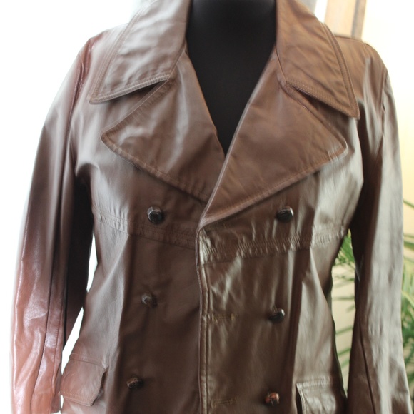 VINTAGE BROWN LEATHER TRENCH COAT 42 - Picture 1 of 6